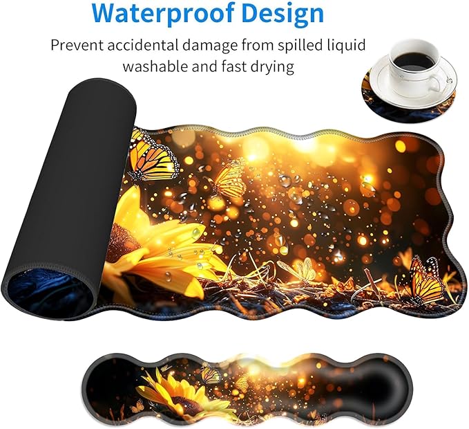 Large Mouse Pad and Keyboard Wrist Rest, Desk Pad for Keyboard and Mouse, 4-in-1 Large Gaming Mouse Pad with Wrist Support, Desk Mat for Home Office Study Game-Sunflower and Butterflies