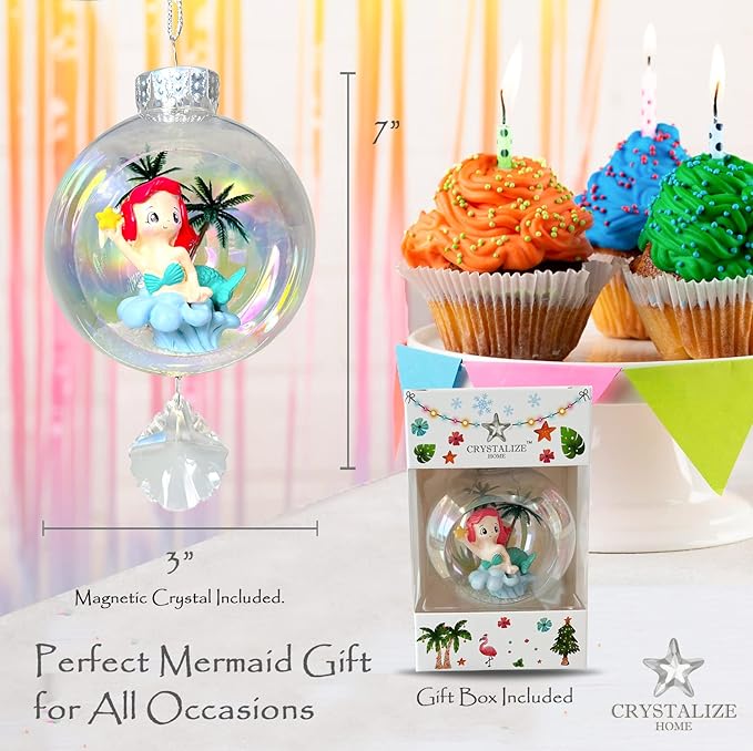 Mermaid Red Christmas Ornament - Handmade Shatterproof Decorations for Indoor Outdoor Xmas Tree - Clear Ball Ornaments with Magnetic Crystal - Great Gift or Stocking Stuffer for Mom, Sister, Friend
