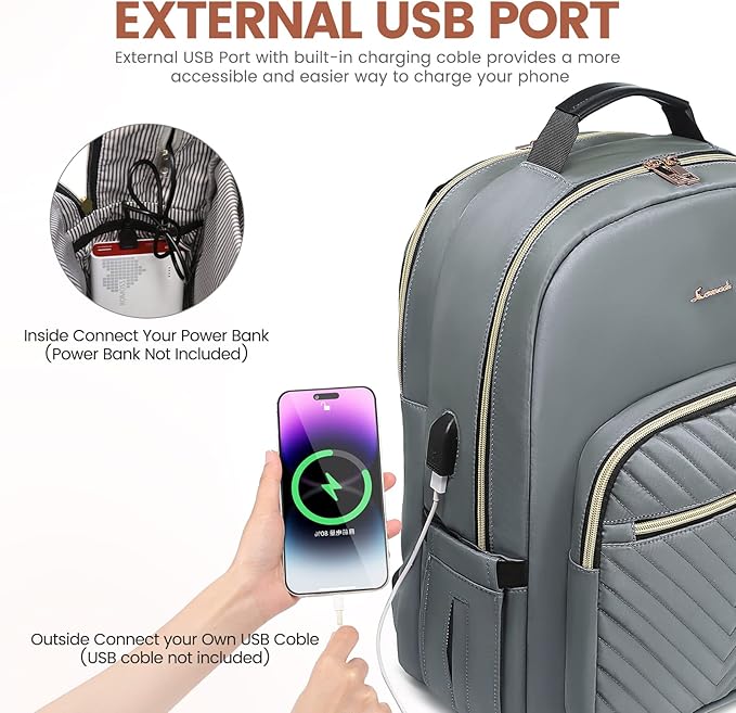 LOVEVOOK Laptop Backpack for Women 15.6 inch,Cute Womens Travel Backpack Purse,Professional Laptop Computer Bag,Waterproof Work Business College Teacher Bags Carry on Backpack with USB Port,Grey