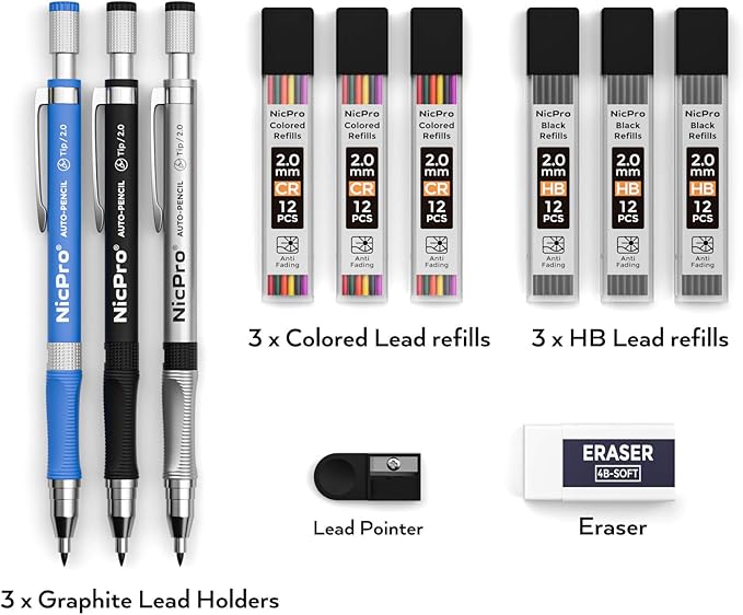 Nicpro 11 Pieces Colors 2mm Mechanical Pencil Set, 3 PCS Carpenter Drafting Pencil 2.0 mm for Art Drawing Writing Sketching Construction with 6 Tube Pre-Sharpen 2B & Color Refill, Eraser, Sharpener