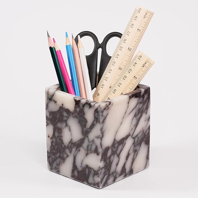 Marble Makeup Brush Holder - Viola Candle Toothbrush Cup for Bathroom Accessories, Decorative Pencil Organizer for Office Desk Aesthetic, Stone Utensil Container for Kitchen Countertop