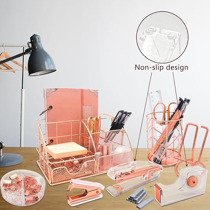 Office Desk Organizers, Rose Gold 13PCS Office Supplies and Accessories Desk organizer, Acrylic Stapler, Staple Remover, Clips, Scissor, Phone Holder, Pen, Pen Holder (Rose Gold)