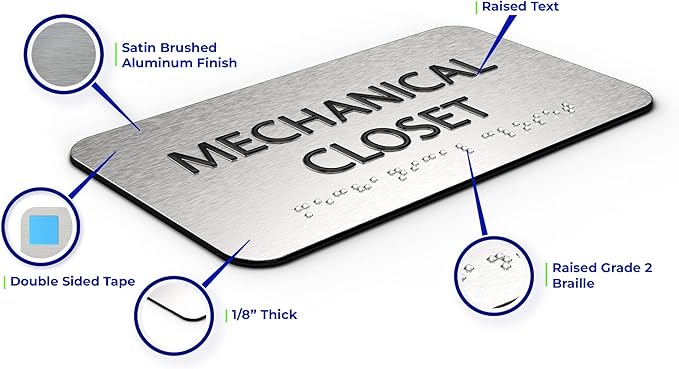 Mechanical Closet Sign for Business - Office Signs, Aluminum Brushed Silver, Tamper-Proof, Heavy Duty Mounting Tape, Easy Install, Office Décor, ADA Compliant, Grade 2 Braille (7” W x 4” H) ADASigns.org