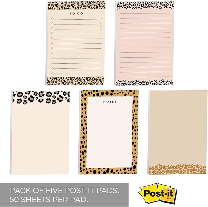 Modern Animal Print Sticky Notes / 4" x 6" Repositionable Sticky Note Pads/Five Unique Pattern Designs/Made in The USA