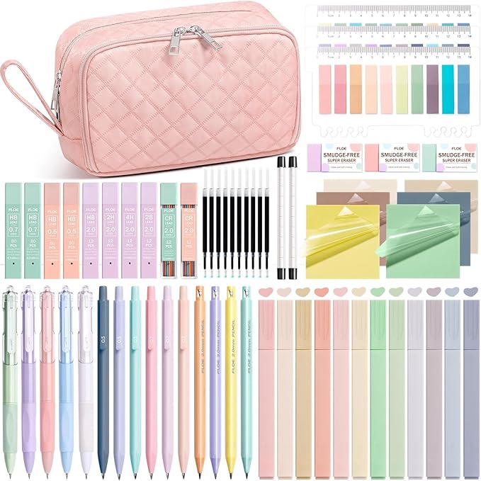 62PCS Aesthetic School Supplies with Cute Pencil Case, Pastel Highlighters Black Ink Gel Pens Mechanical Pencils Kit, Back to School Supplies College Essentials Preppy Stationary Set for Student Girls
