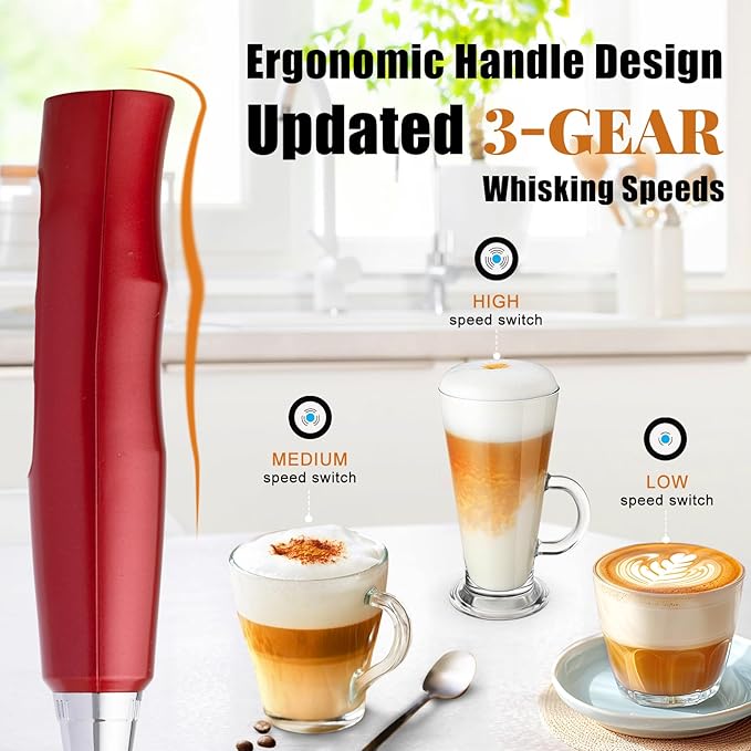 Nahida Red Milk Frother Wand for Coffee - Rechargeable Handheld Electric Whisk with 3 Heads, 3 Speeds - Drink Mixer for Latte, Cappuccino, Hot Chocolate