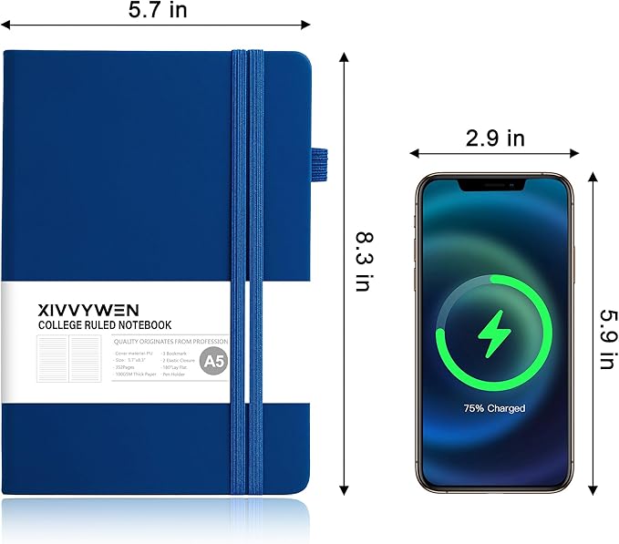 Lined Journal Notebook for Women Men, 352 Pages A5(5.7" x 8.3")College Ruled Hardcover Leather Journals for Writing, Daily Journal Notebooks for Work, Note Taking, Travel, School, Business (Navy blue)