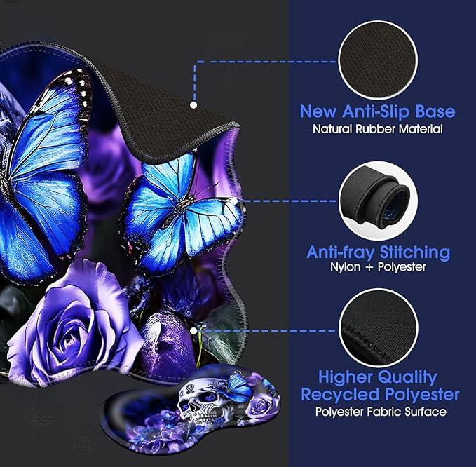 Large Mouse Pad and Keyboard Wrist Rest, Desk Pad for Keyboard and Mouse, 4-in-1 Large Gaming Mouse Pad with Wrist Support, Desk Mat for Home Office Study Game-Skull and Butterflies
