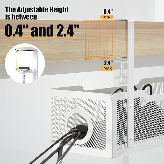 2 Pack Under Desk Cable Management Box White, Cinati 26.8" Wire Organizers No Drill, Cord Organization Tray with Clamp for Office, Home - No Damage to Desk