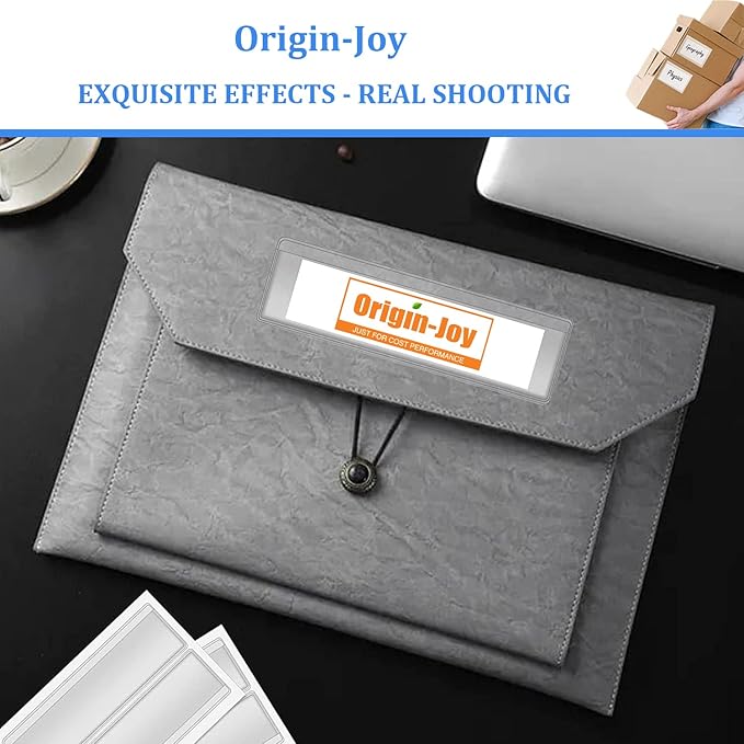 Origin-Joy 25 PCS Self-Adhesive Index Label Pockets, Clear Plastic Peel & Stick Card Holders with Top Open for Loading (8 x 2.5 inch)