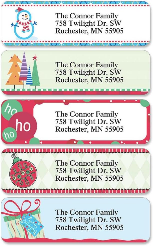 Christmas Designs Rolled Personalized Return Address Mailing Labels with Dispenser, Set of 500, 5 Designs, Small ¾ x 2½ Inch Size, Custom Self-Adhesive Sticker Roll, by Colorful Images