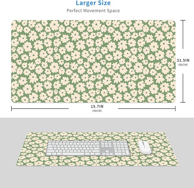MAYCARI Kawaii Green Flower Extended Gaming Mouse Pad Large, 31.5"X15.7" Big Mouse Pad with Non-Slip Base Long Computer Keyboard Mouse Mat for Home Office Work