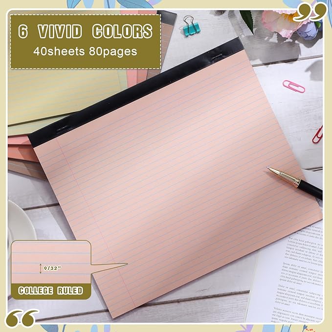 Lincia 6 Pcs 11" x 9.5" Legal Pads College Ruled Notepad Landscape Notebook Horizontal Lined Notebook 80 Gsm Assorted Colors Paper Pastel Writing Pads for School Office, 40 Sheet (Stylish Color)