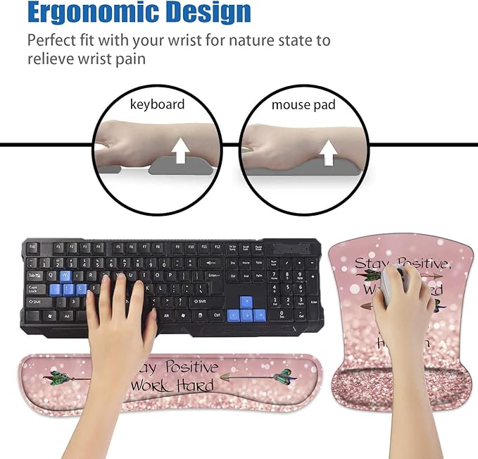 Mouse Pad Wrist Support and Keyboard Wrist Rest Set with Coasters, Inspirational Quote Stay Positive Work Hard and Make It Happen Wrist Mouse Pad with Non-Slip PU Base for Home Office Working Studying