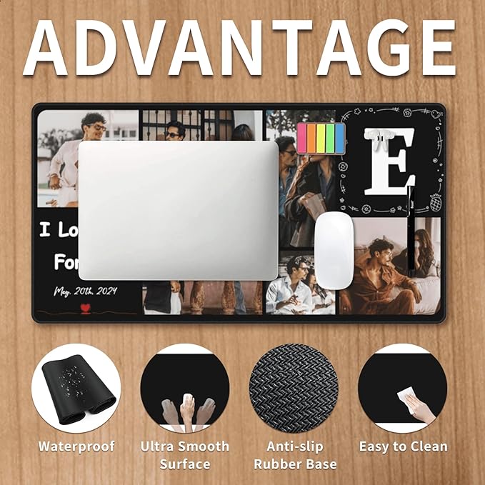 Mouse Pad Custom with Name and 7 Photos, Custom Mousepad 16*29.5in, Desk Mat for Keyboard Mouse, Desk Accessories, Gaming Desk Mat, Customized Gift for Men on Birthady Christams Anniversary