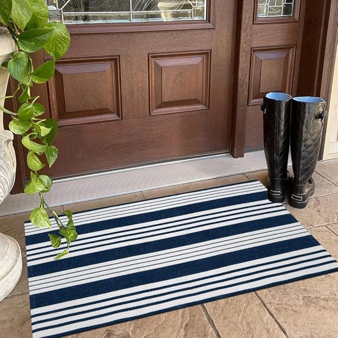 OJIA Entryway Rug 24''x51'', Machine Washable Christmas Front Door Mat Cotton Woven Blue and White Outdoor Rugs Porch Rug Striped Kitchen Runner Indoor Door Mat for Farmhouse/Entry/Home Entrance