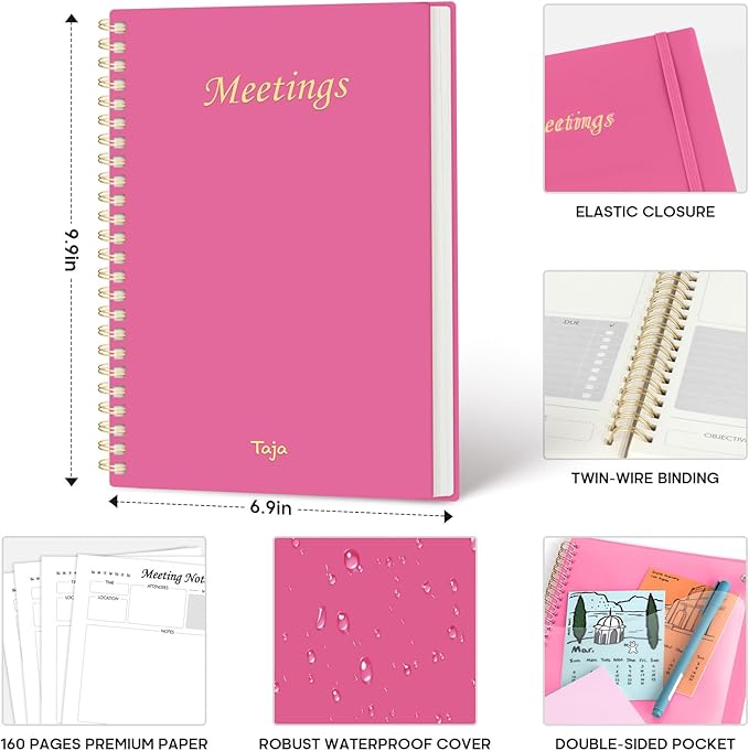 Meeting Notebook for Work Organization - Work Planner Notebook with Action Items, Agenda Planner for Note Taking, 160 Pages (6.9" X 9.9") Project Organizer for Men & Women - Berry Pink
