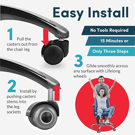 Lifelong Office Chair Wheels Replacement Rubber Desk Chair Casters for Hardwood Floors and Carpet, Set of 5, 2 Inch Heavy Duty Casters for Chairs to Replace Office Chair Mats - Fits 98%