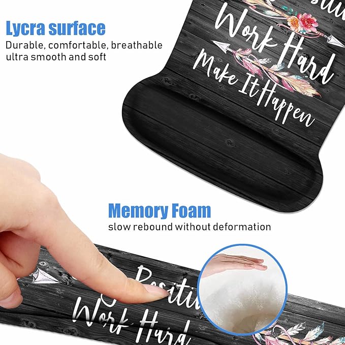 Mouse Pad Wrist Support and Keyboard Wrist Rest Set with Coasters, Stay Positive Work Hard and Make It Happen Inspirational Quote Wrist Mouse Pad with Non-Slip PU Base for Home Office Working Studying