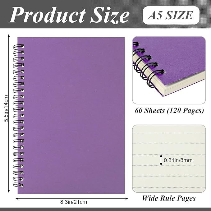 Leelosp 12 Pack Small Spiral Notebook A5 Lined College Ruled Spiral Journal Notebook 5.5 x 8.3 Inch Kraft Cover, 120 Pages for Work Students Office Business(Black, Yellow, Green, Purple, Red, Blue)