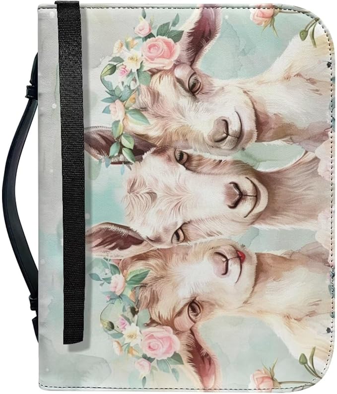 Lotusorchid Flowers Goat Printed Bible Cover for Women, Large Bible Cover for Women PU Leather Bible Case Bible Carrying Case Bible Covers Church Bag Bible Protective with Handle and Zippered Pocket