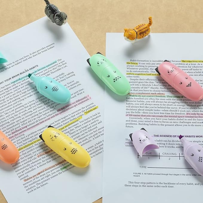 6 pieces Cat Shape Cute Mini Highlighter Pen Pastel Color Chisel Tip Kawaii Kids Stocking Stuffers Gift Highlighter Marker