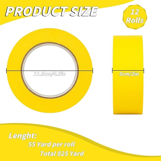 12 Rolls Yellow Painters Tape Bulk 2 inch x 660 Yards, Painters Masking Tape No Residue Wall Painting Tape Artist Tape Trim Edge Finishing Tape for Wall Painting Decoration DIY Supplies