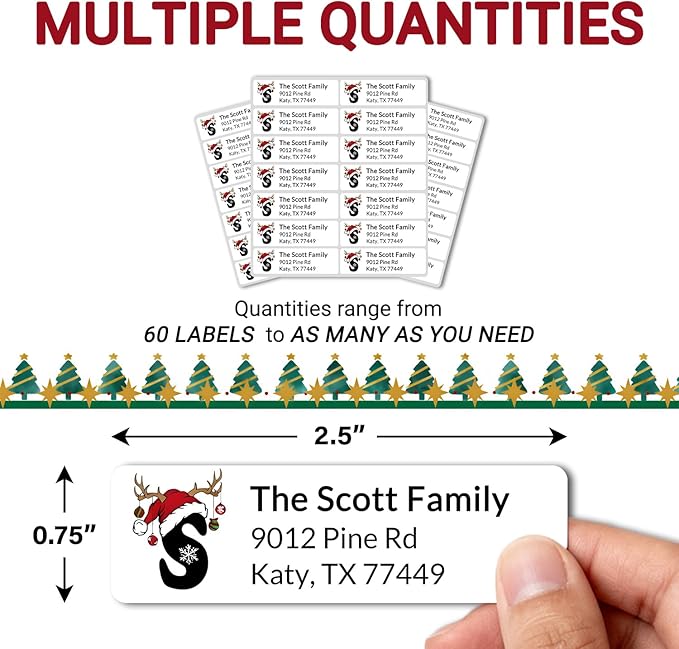 Personalized Christmas Address Labels - Custom Address Labels with Monogram (Reindeer Topper)