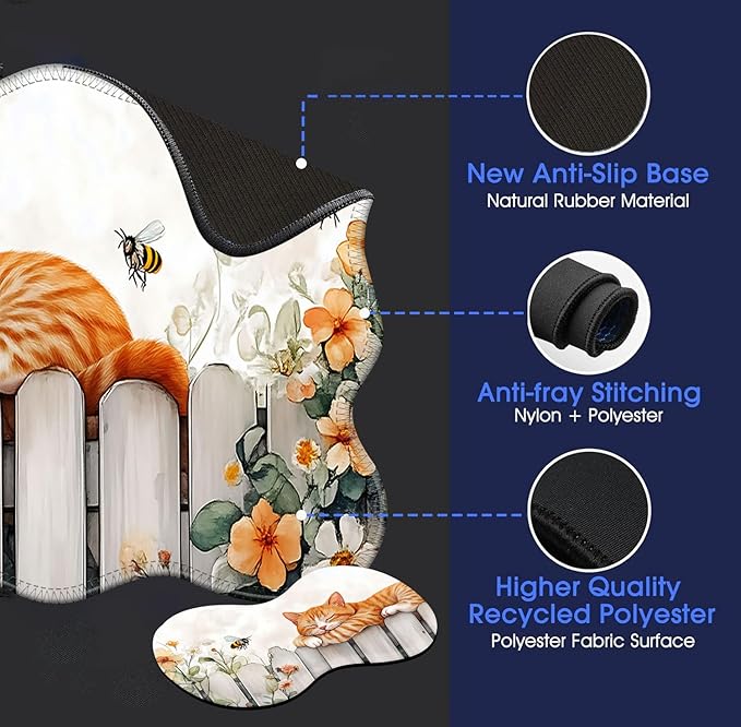 Large Mouse Pad and Keyboard Wrist Rest, Desk Pad for Keyboard and Mouse, 4-in-1 Large Gaming Mouse Pad with Wrist Support, Desk Mat for Home Office Study Game-Sleeping Cat on Fence