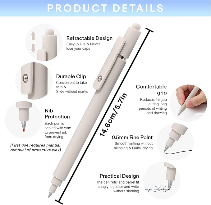 RIANCY Gel Pens 0.5mm Black Ink Ballpoint Aesthetic Beige Black Gray White Fine Point Smooth Writing Pretty Cute Fancy Desk Accessories Gifts for Women Men Nurse Journaling Office School Supplies 6Pcs