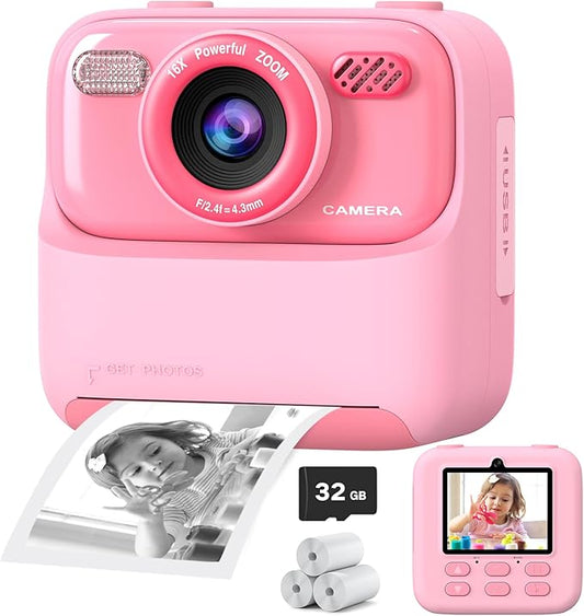 Kids Instant Digital Cameras for Boys and Girls, 1080P HD Dual-Lens Selfie Digital Camera with Print Paper & 32G Card, Christmas Birthday Gifts Toys for Toddler and Teenagers Age 3-16 Years Old