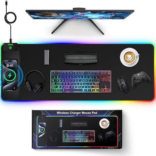 Magnetic Charging Mouse Pad, 31.5x11.81 Inch XL Gaming Mousepad, 11+5 RGB Lighting Modes, Home Office Large Desk Pad with Ultra-Smooth Surface, Non-Slip, Waterproof Keyboard Pad Classic Black Desk Mat