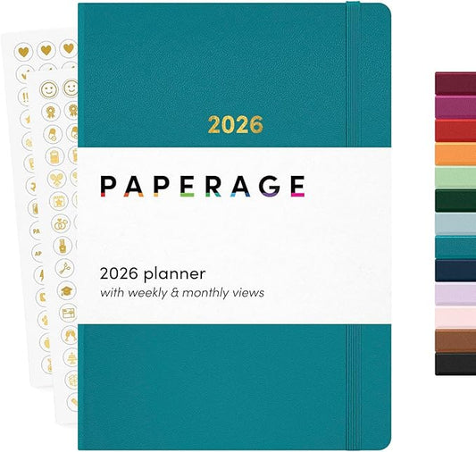 PAPERAGE 2026 Weekly & Monthly Planner, 12 Months (January 2026 - December 2026), 5.6 in x 8 in, Hardcover 2026 Planner with Weekly & Monthly Spreads, Note Pages, Stickers & Back Pocket – Turquoise
