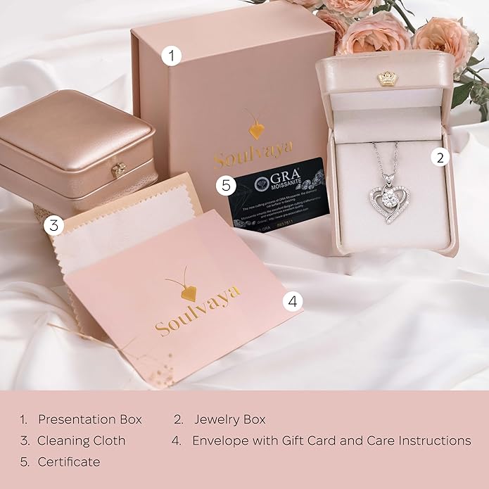 Moissanite Pendant Necklace for Women – 925 Sterling Silver Necklace for Women Heart Pendant, Dainty Silver Jewelry Gift Box for Mom Wife Girlfriend – Birthday Anniversary (1-3 CT)