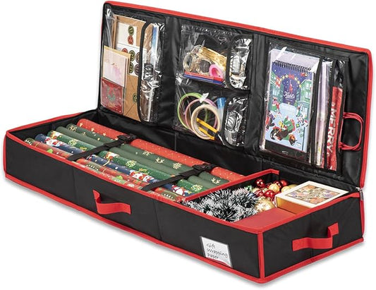 Wrapping Paper Organizer Storage for Christmas Gifts Wrapping Paper Storage, 600D Oxford Fits Ribbon, Ornaments, Holiday Accessories Flexible Partitions and Pockets （Black）