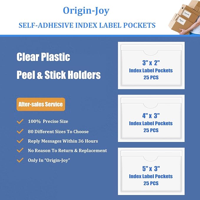 Origin-Joy 25 PCS Self-Adhesive Index Label Pockets, Clear Plastic Peel & Stick Card Holders with Top Open for Loading (5 x 2.5 inch)