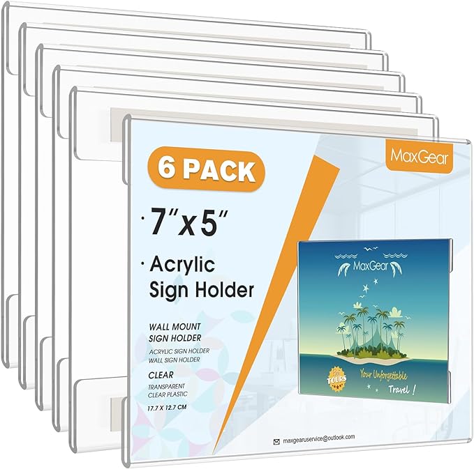 MaxGear Acrylic Sign Holder 5x7, Clear Plastic Wall Mount Sign Holder with Double-Sided Tape, Acrylic Picture Frame Flyer Paper Document Holder Acrylic Wall Frame for Home, Office, Restaurant, 6 Pack