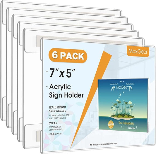 MaxGear Acrylic Sign Holder 5x7, Clear Plastic Wall Mount Sign Holder with Double-Sided Tape, Acrylic Picture Frame Flyer Paper Document Holder Acrylic Wall Frame for Home, Office, Restaurant, 6 Pack