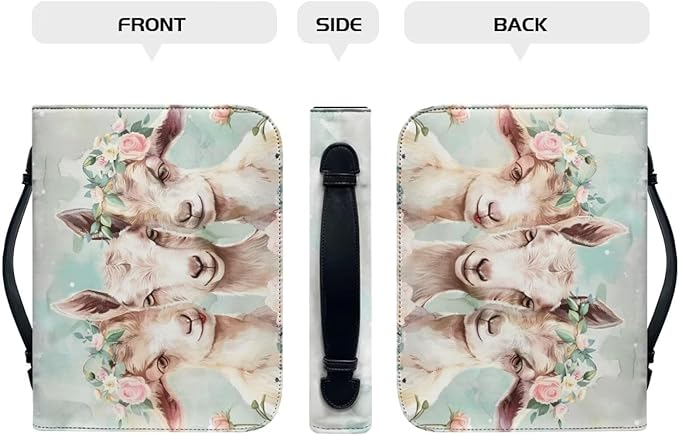 Lotusorchid Flowers Goat Printed Bible Cover for Women, Large Bible Cover for Women PU Leather Bible Case Bible Carrying Case Bible Covers Church Bag Bible Protective with Handle and Zippered Pocket