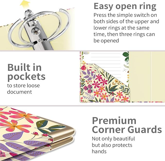 Ospelelf Mini 3 Ring Binder, 2 Inch, Cute Floral Binder for 5.5" x 8.5" with 5 Tab Dividers, File Folder Labels and Low Profile Clipboards