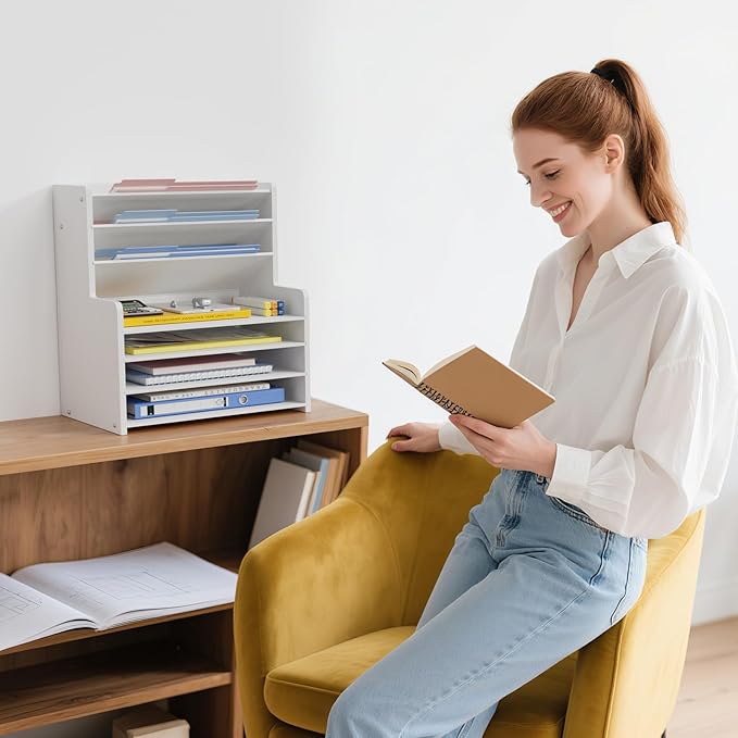 Wood Office Desk File Organizer - 7 Tier Desk Top Storage Shelf Stationary Workspace Organization Small Wooden Desktop Paper Tray,White