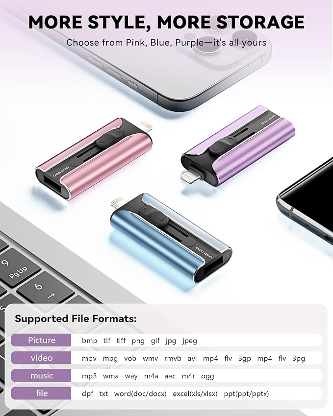 MFi Certified 256GB Flash Drive for iPhone USB Memory Stick Thumb Drive, High Speed USB Stick iPhone Flash Drive for Photos Videos,Photo Stick External Storage for iPhone/iPad/Android/PC (Purple)