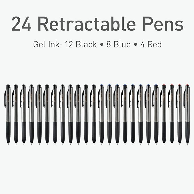 Pentonic GR-T Retractable Gel Pens, 24 Count, Assorted Color Ink (12 Black, 8 Blue, 4 Red), 0.7 mm Fine Point, Smooth Writing For Journaling (1002360)