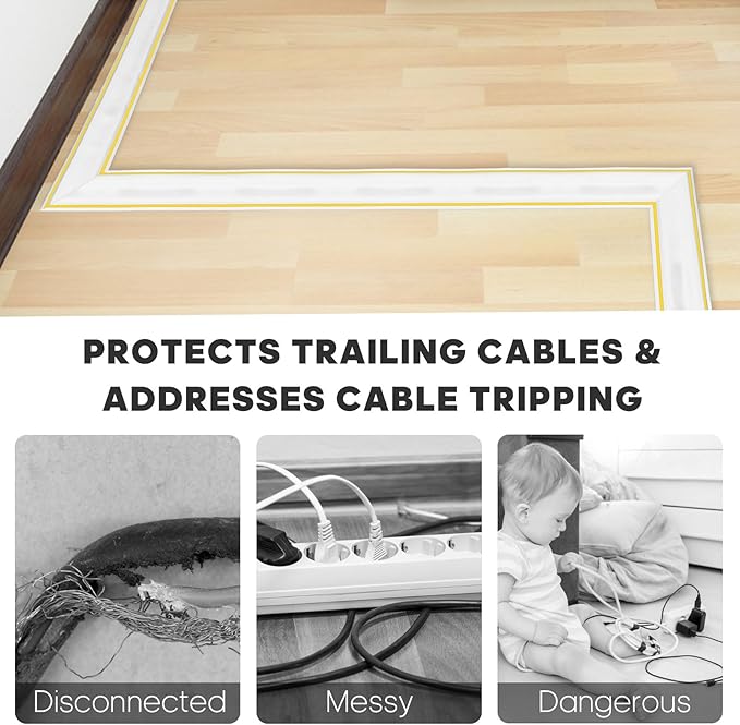 10ft Large White Floor Cord Cover, Self-2" (W) x 0.6"(H), Cable Cavity:0.8"(W) x 0.4"(H), Adhesive Power Cable Protector, Silicone Cord Protector, Cord Management, Cord Concealer and Cable Hider