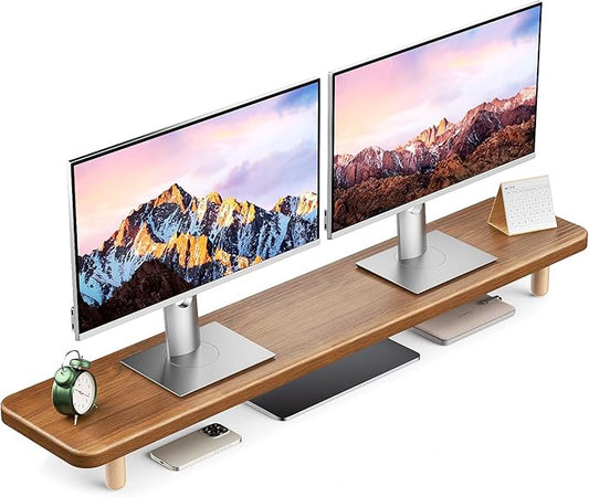 Dual Monitor Stand Riser, 39Inch Extra Long Wooden Desktop Monitor Riser with Storage for 2 Monitors Ultra Strong Desk Shelf Organizer Riser Ergonomic for 2 Screens/Laptop/PC/TV/Printer, Large, Walnut