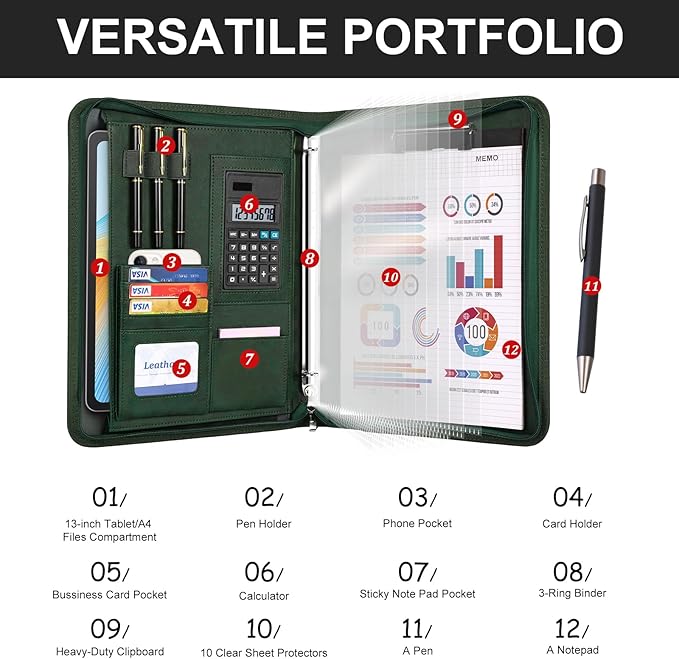 Leathario Portfolio Binder, 3-Ring Folder Organizer, Includes 5 Sheet Protectors and a Pen, Vegan Leather A4 Padfolio for Tablets, Business Conferences Professional Document Organizer, Office Supplies