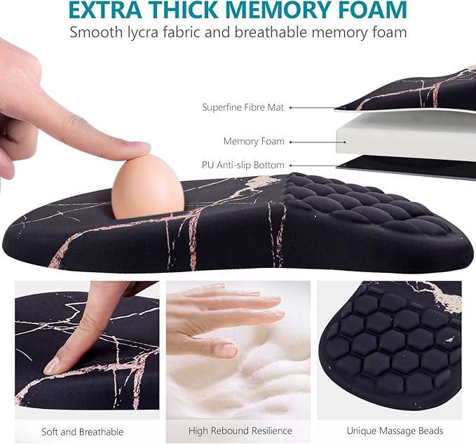 Mouse Pad Wrist Support, Ergonomic Mouse Pad with Wrist Rest, Comfortable Computer Mouse Pad for Laptop, Pain Relief Mousepad with Non-Slip PU Base Black Gold Marble