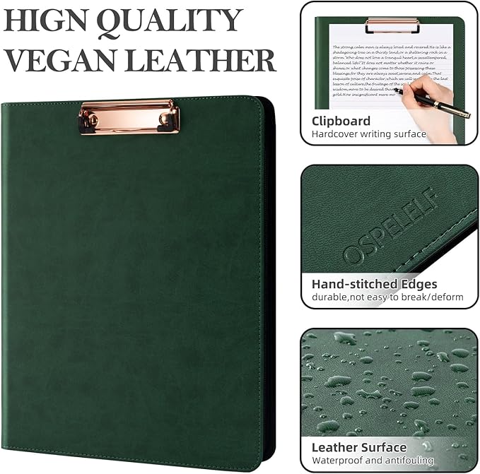 Ospelelf Green Clipboard with Storage 3 Binder Leather Portfolio Folder with Zipper, 12.1” Tablet Sleeve, 5 Dividers with Pocket, Refillable Notepad, Card Slot