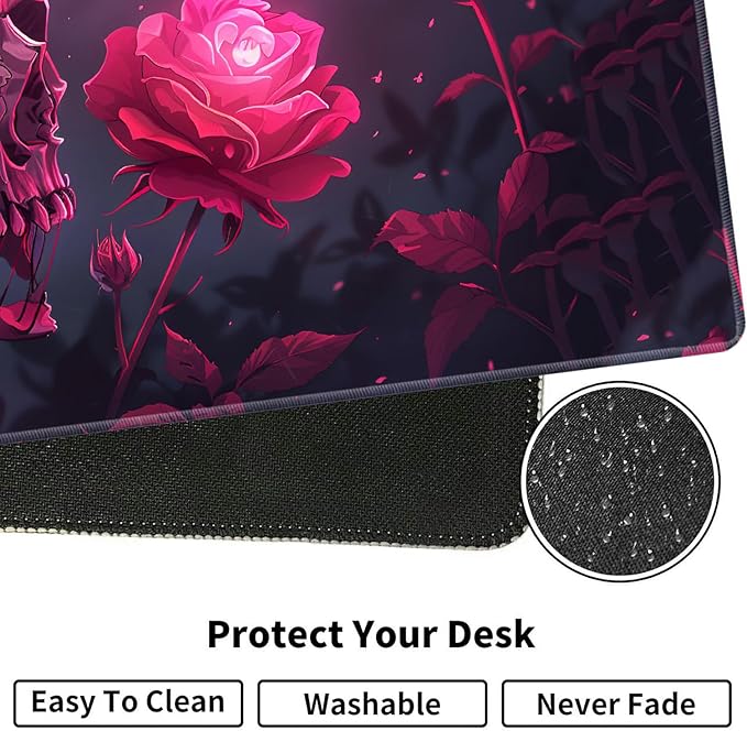 Large XXL Gaming Desk Mat 31.5"x 11.8", Ergonomic Keyboard Wrist Rest & Mouse Pad Wrist Rest + Coaster Set, Non-Slip Base, Memory Foam, Office and Home, Rose Skull