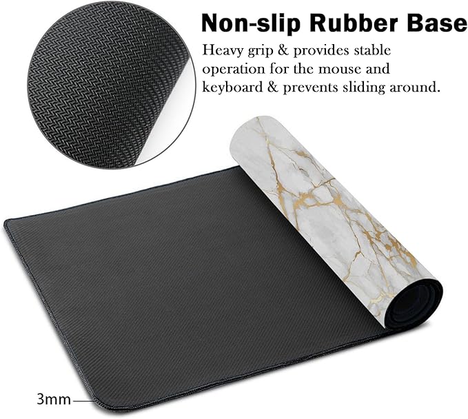 Mrcrypos Large Mouse Pad White Gold Marble Desk Mat for Desktop,Waterproof Desk Pad with Stitched Edges,Computer Keyboard Gaming Mouse Pads for Women Office Home 31.5" x 11.8"